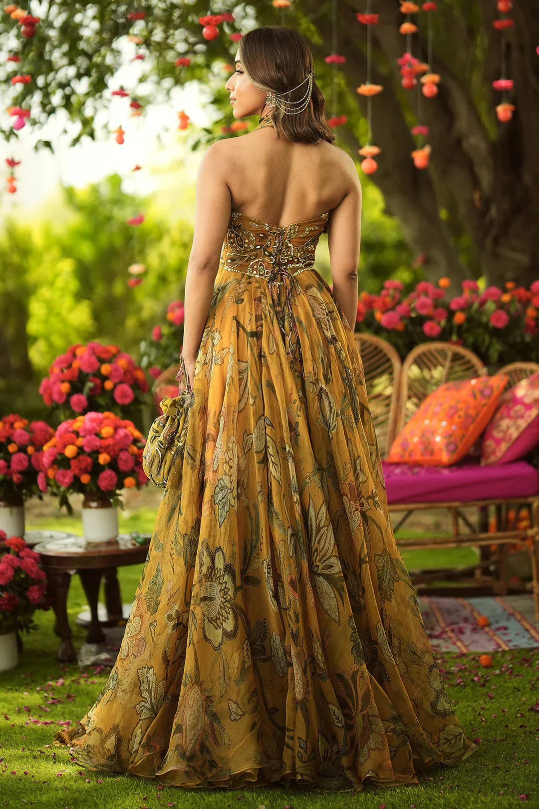 Rent Mahima Mahajan Halter Neck Ruched Anarkali With Embroidered Dupatta