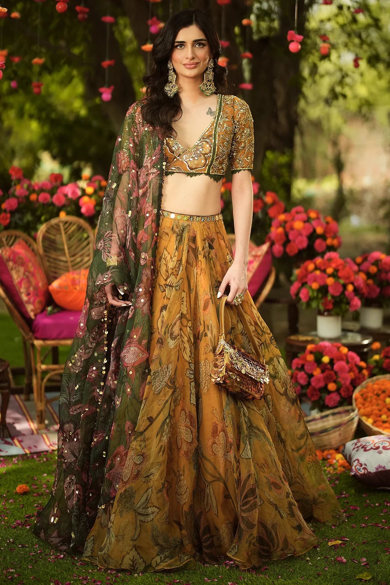 Rent Mahima Mahajan Gold Organza Hand Embroidered Lehenga Set