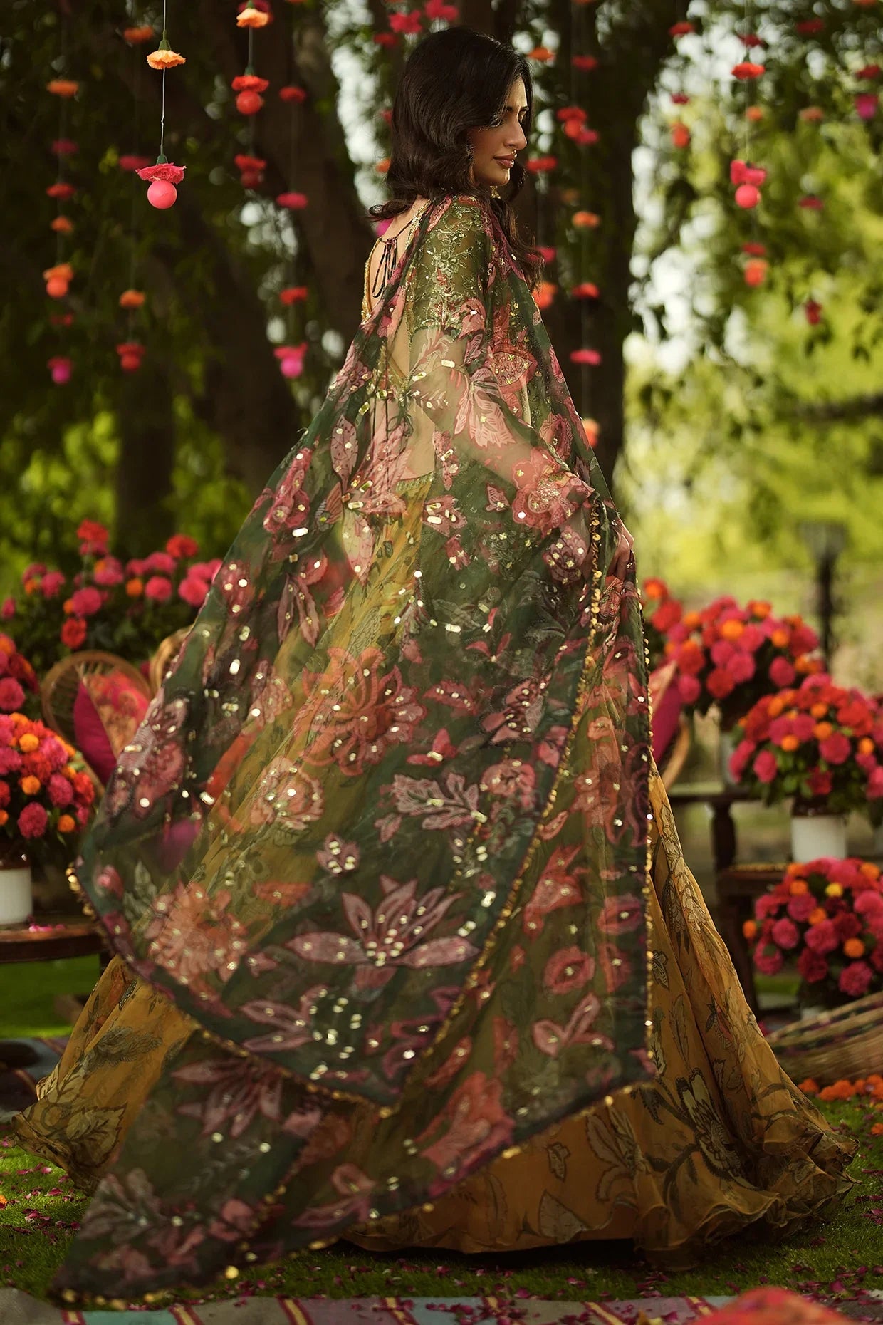 Rent Mahima Mahajan Gold Organza Hand Embroidered Lehenga Set