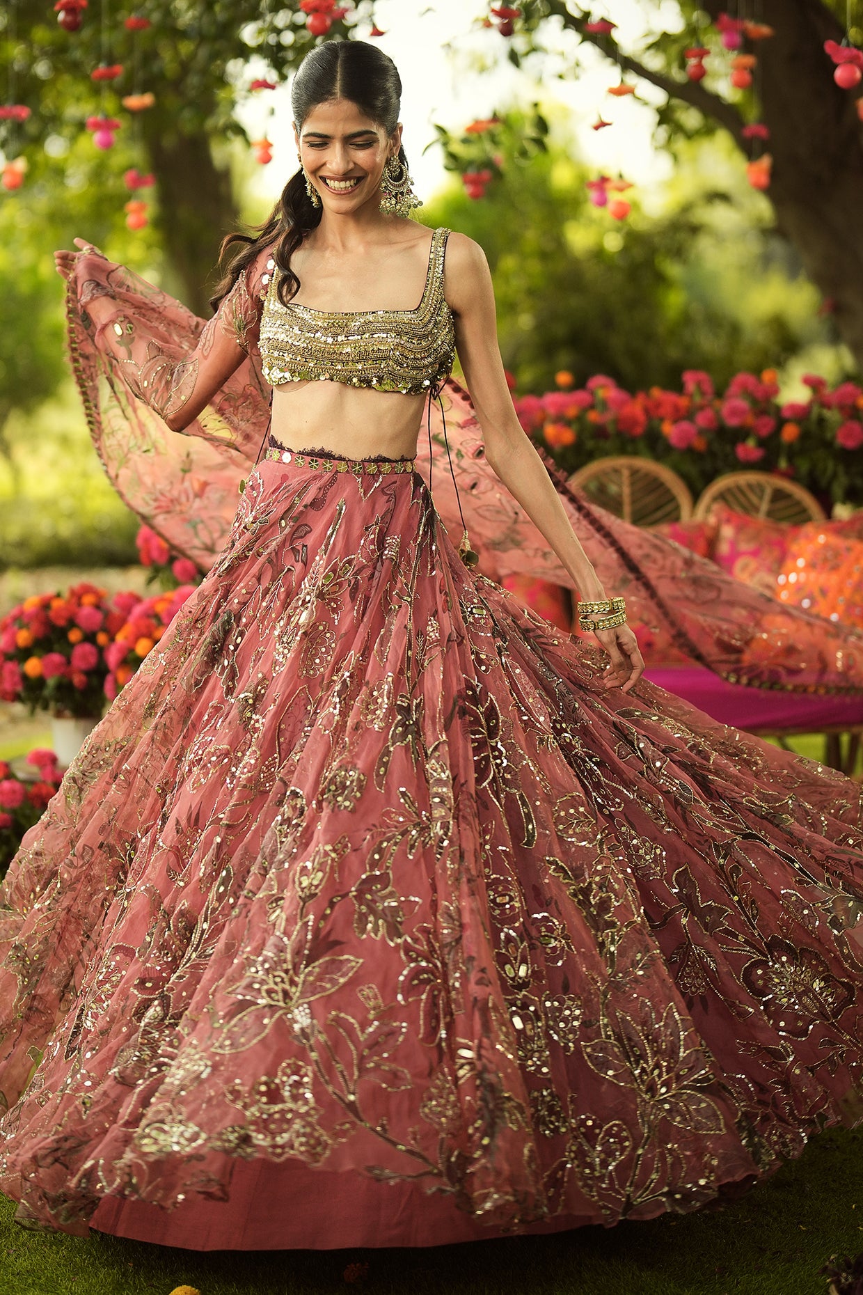 Rent Mahima Mahajan Latest Collection Pink & Golden Organza Lehenga