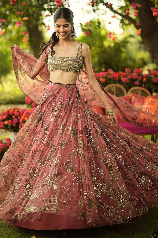 Rent Mahima Mahajan Latest Collection Pink & Golden Organza Lehenga