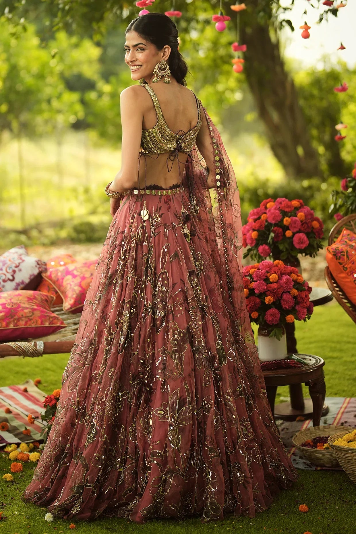 Rent Mahima Mahajan Latest Collection Pink & Golden Organza Lehenga