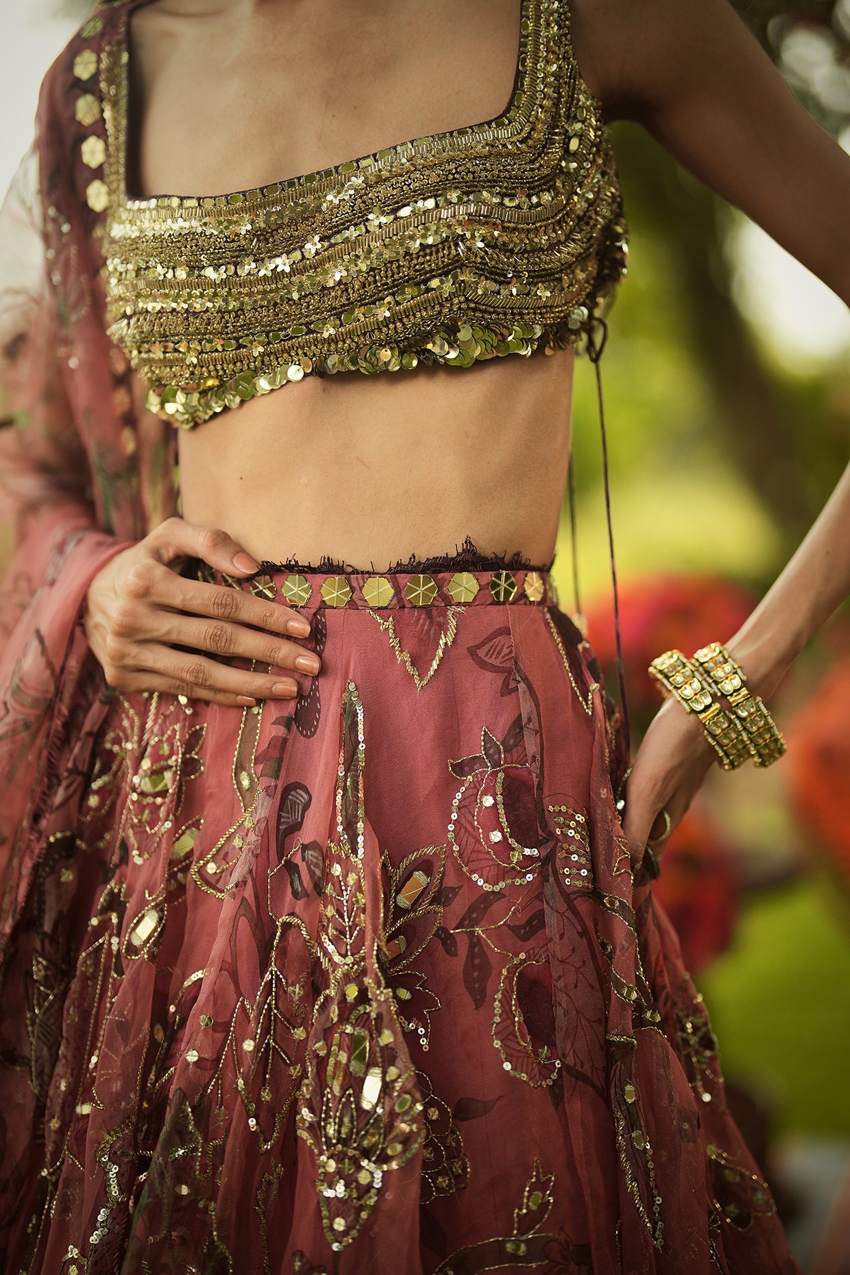 Rent Mahima Mahajan Latest Collection Pink & Golden Organza Lehenga