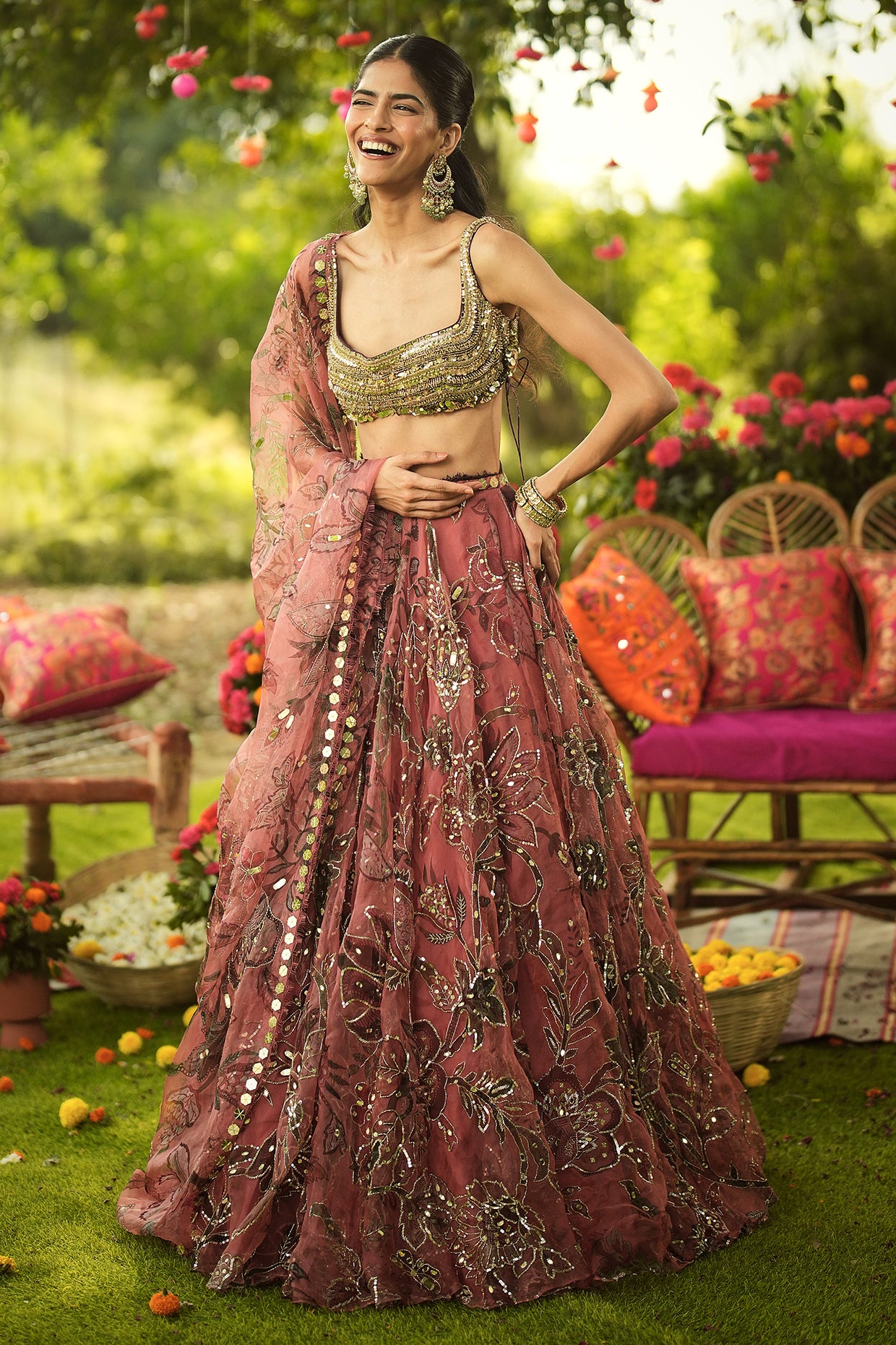 Rent Mahima Mahajan Latest Collection Pink & Golden Organza Lehenga