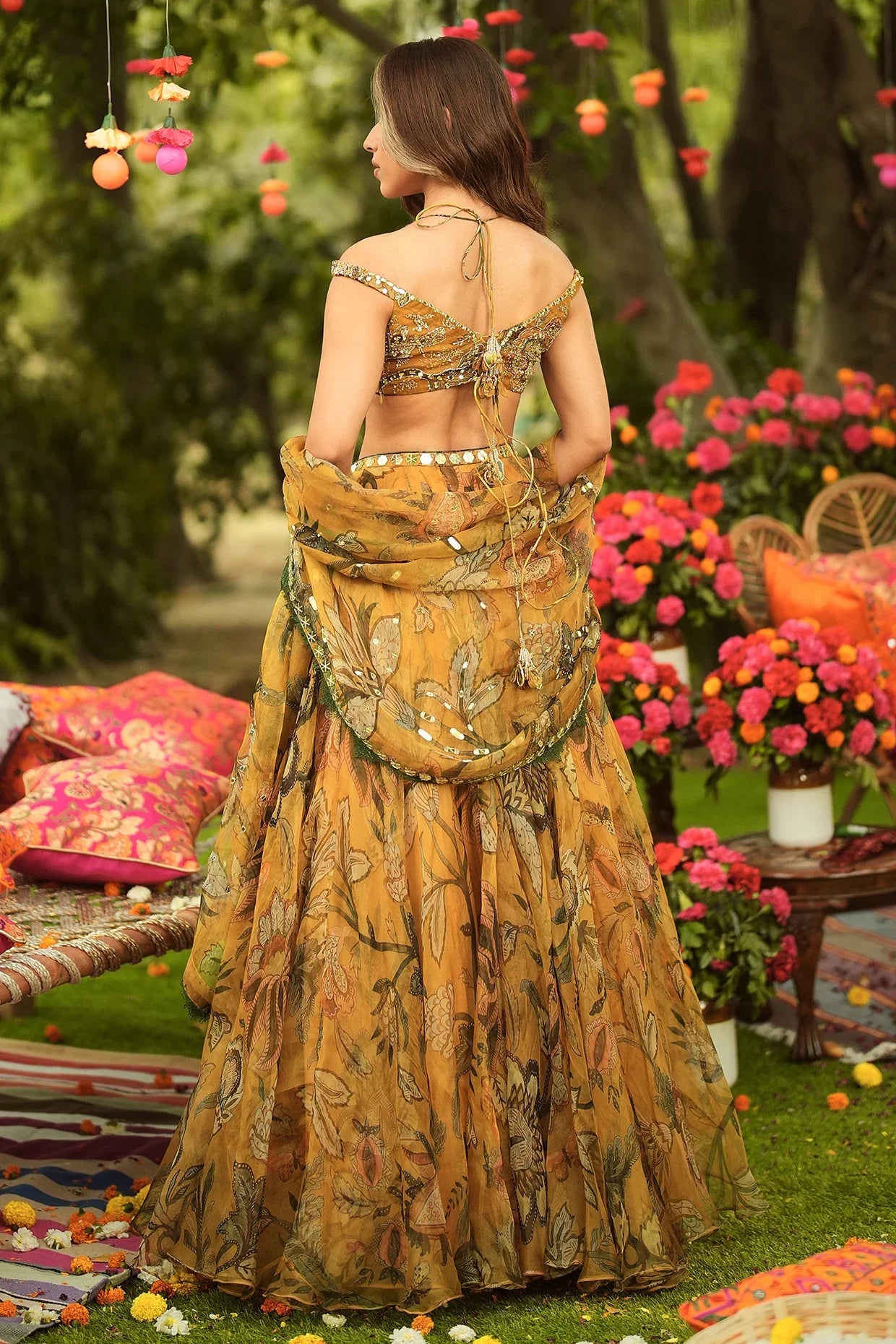 Rent Mahima Mahajan Gold Organza Embroidered Lehenga Set