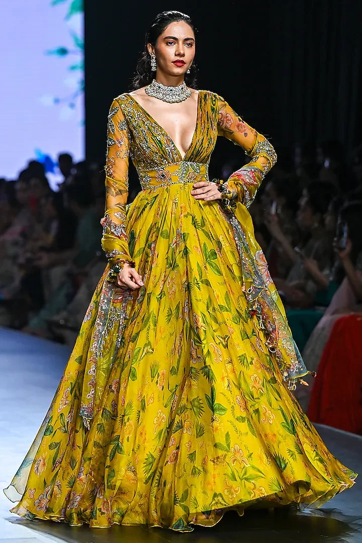 Rent Mahima Mahajan Yellow Organza Embroidered Anarkali Set