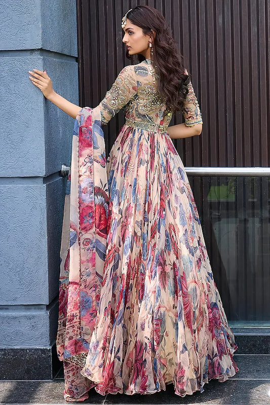 Rent Mahima Mahajan Sand Colored Organza Hand Embroidered Anarkali Set