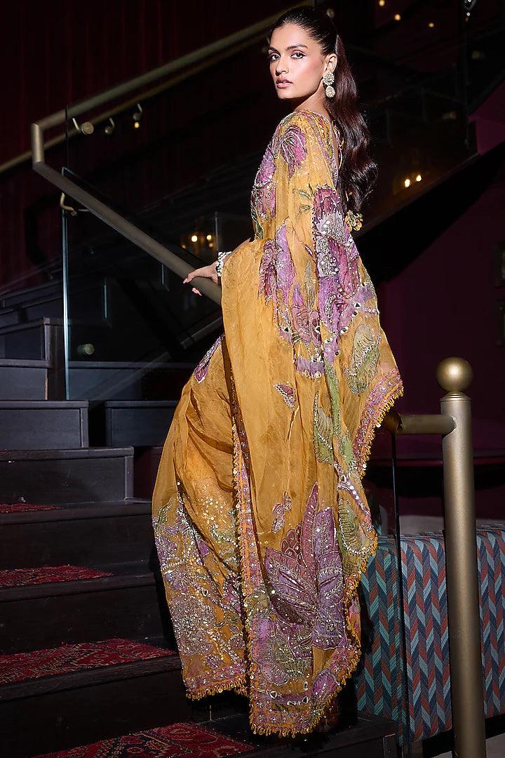 Rent - Yellow Organza Hand Embroidered Pre-Draped Saree - Couture Encore