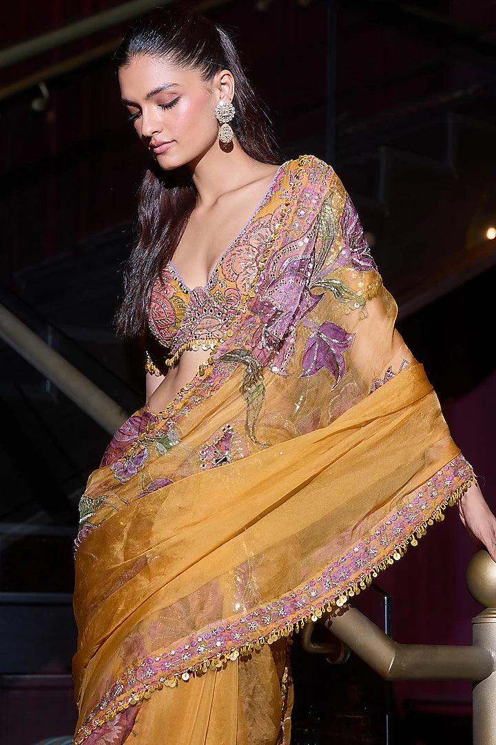Rent - Yellow Organza Hand Embroidered Pre-Draped Saree - Couture Encore