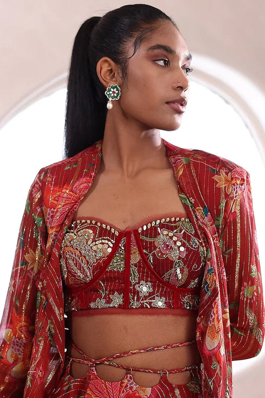 Rent Mahima Mahajan Red Lurex Georgette Printed Palazzo Set