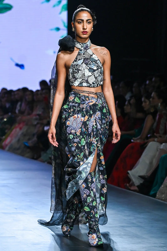 Rent Mahima Mahajan Black Organza & Moss Crepe Draped Skirt Set