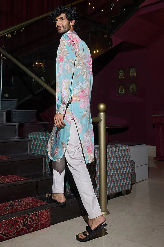 Rent Mahima Mahajan Blue Satin & Glazed Cotton Embellished Kurta Set