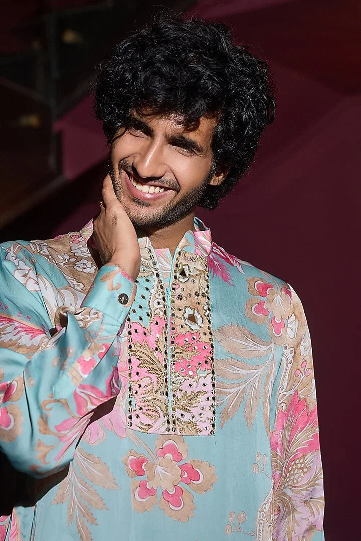 Rent Mahima Mahajan Blue Satin & Glazed Cotton Embellished Kurta Set