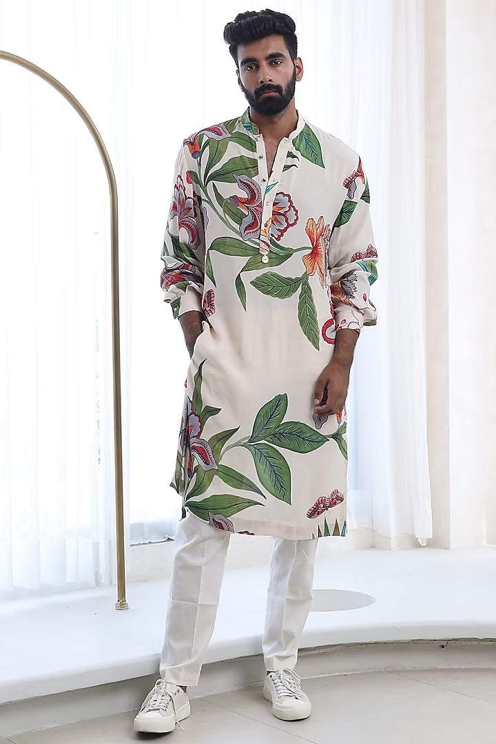 Rent Mahima Mahajan Ivory Moss Crepe & Glace Cotton Printed Kurta Set