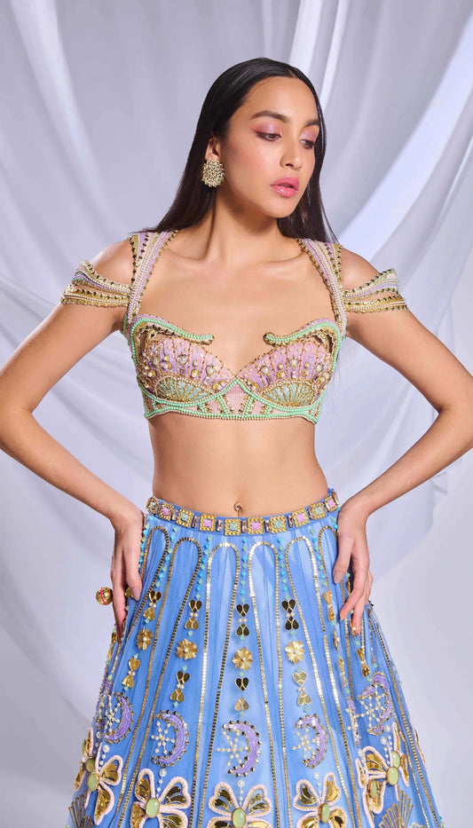 Rent Papa Dont Preach Blue Tulle Sequins & Crystal Embroidered Lehenga Set