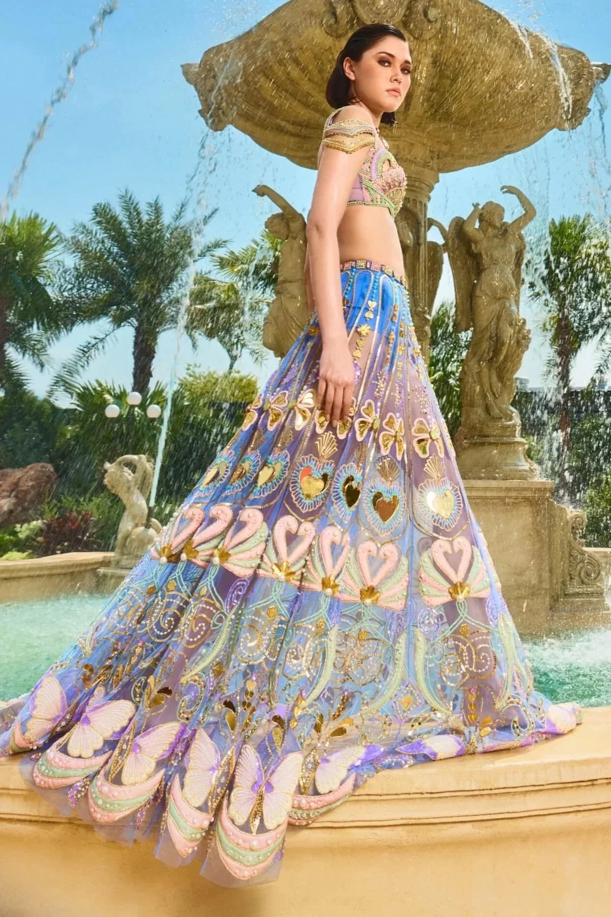 Rent Papa Dont Preach Blue Tulle Sequins & Crystal Embroidered Lehenga Set