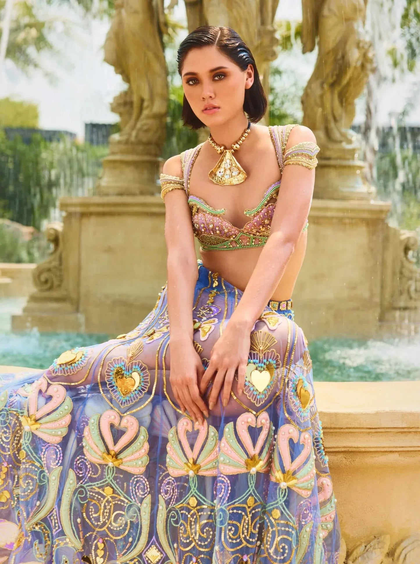 Rent Papa Dont Preach Blue Tulle Sequins & Crystal Embroidered Lehenga Set