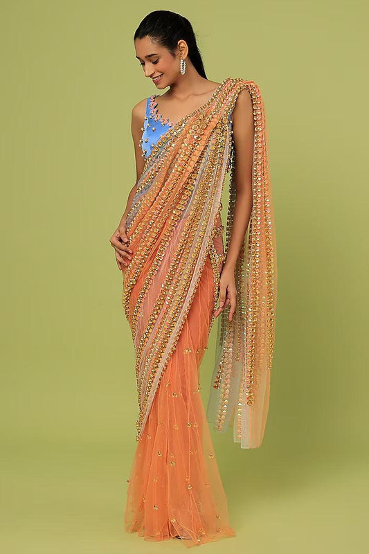 Orange Embroidered Pre-Pleated Saree Set - Couture Encore