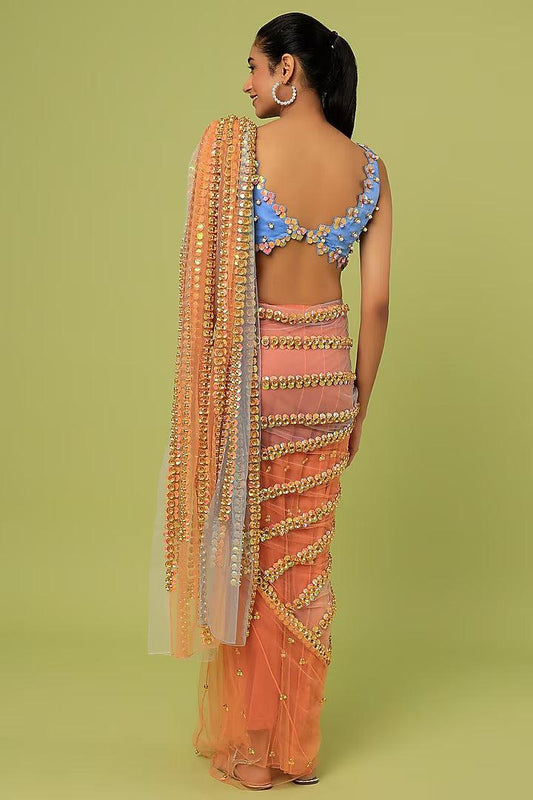 Orange Embroidered Pre-Pleated Saree Set - Couture Encore