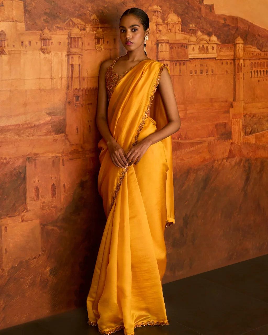 Punit Balana - Yellow Organza Silk Embroidery Saree With Blouse - Couture Encore