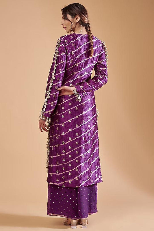 Payal Singhal - Purple Leheriya Silk Hand Embroidered Kurta Set - Couture Encore