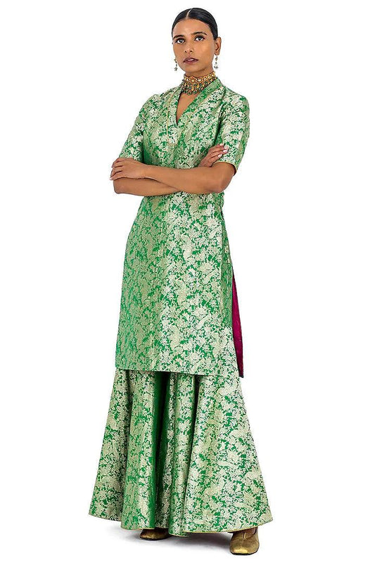 Rent - Green Silk Brocade Sharara Set - Couture Encore