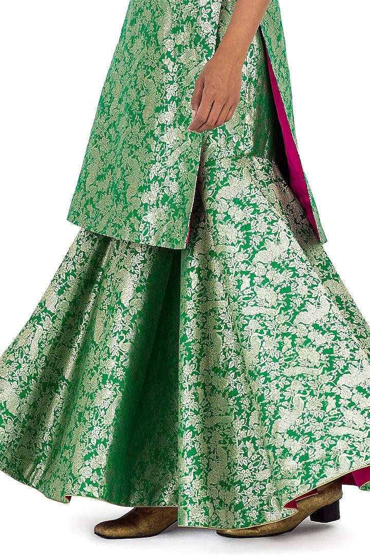 Rent - Green Silk Brocade Sharara Set - Couture Encore