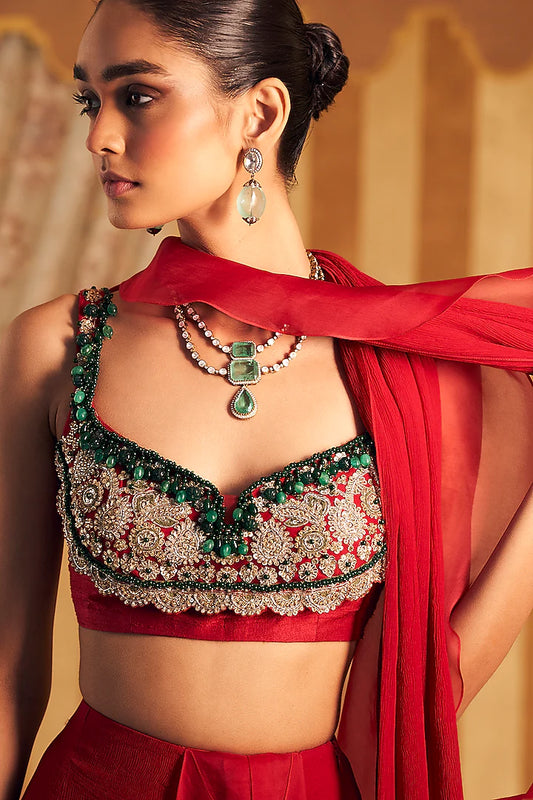 Rent Red Chiffon & Organza Ruffled Draped Saree Set