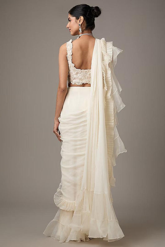 Rent - Ivory Chiffon & Organza Ruffled Draped Saree - Couture Encore