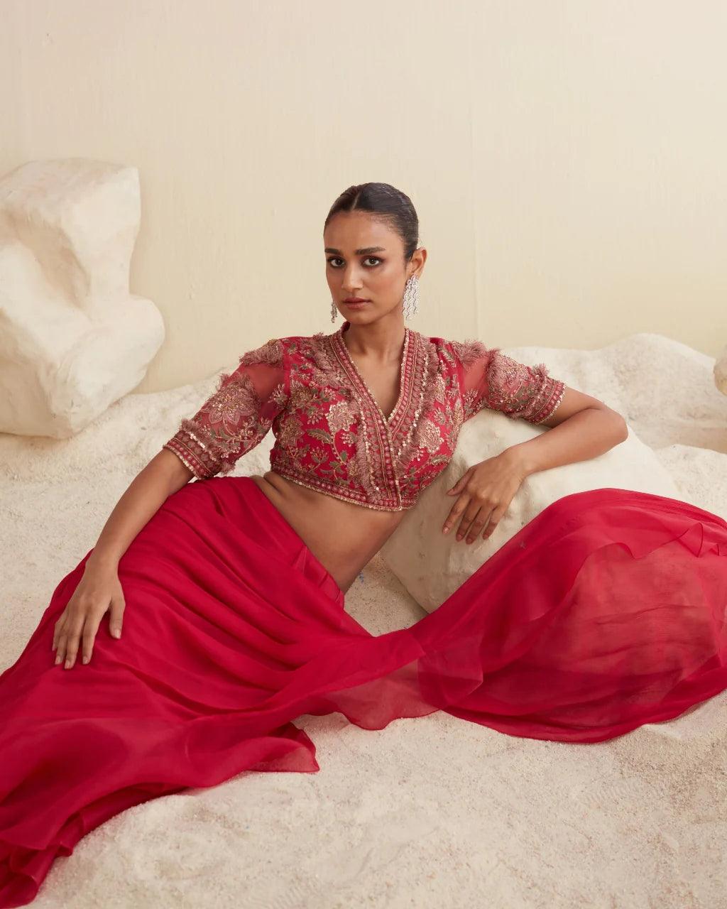 Ridhi Mehra - Red Organza Saree With Blouse - Couture Encore