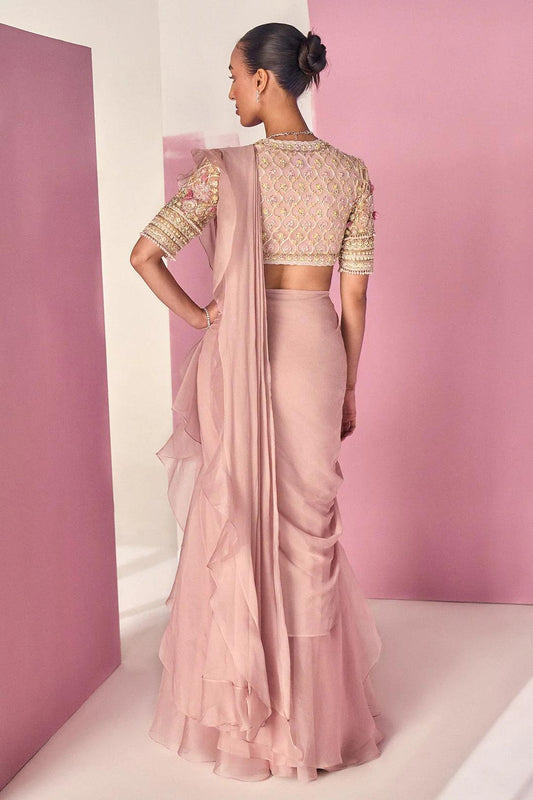 Rent Ridhi Mehra Dusty Pink Chiffon & Organza Ruffled Draped Saree Set - Couture Encore