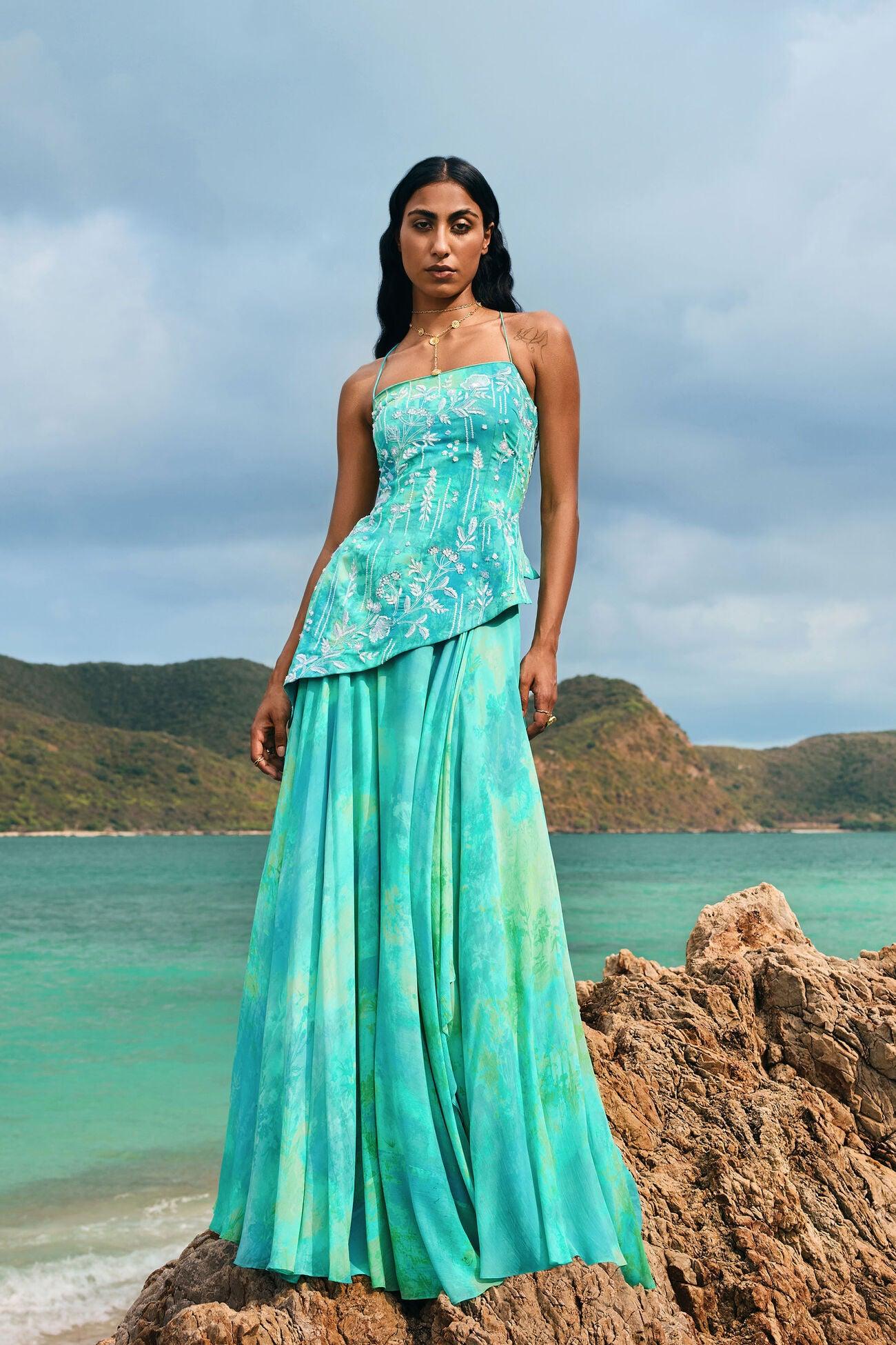 Rent Anita Dongre Open Back Turquoise Skirt Set - Couture Encore