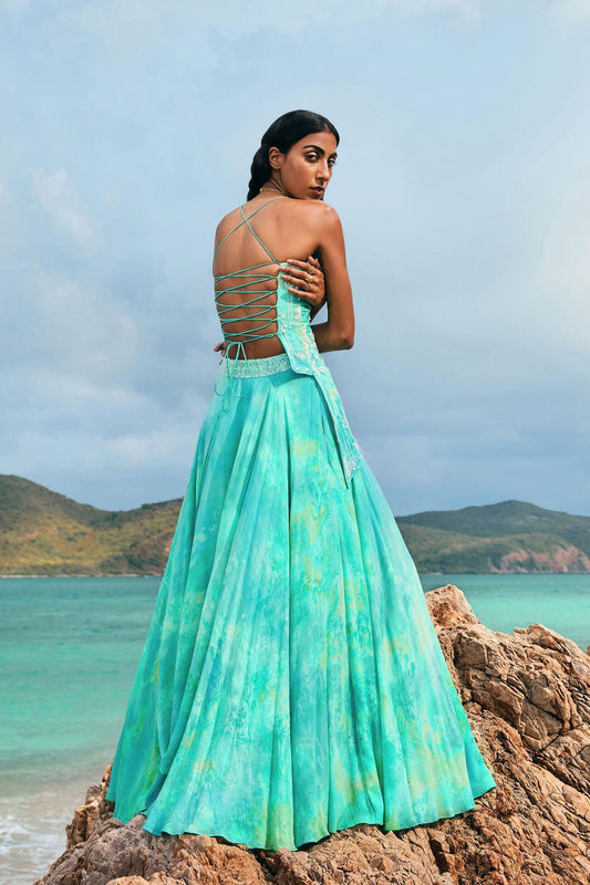 Rent Anita Dongre Open Back Turquoise Skirt Set - Couture Encore