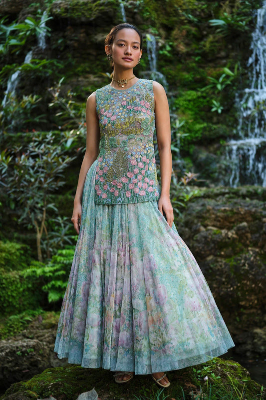 Rent Anita Dongre Embroidered & Applique Skirt Set - Blue