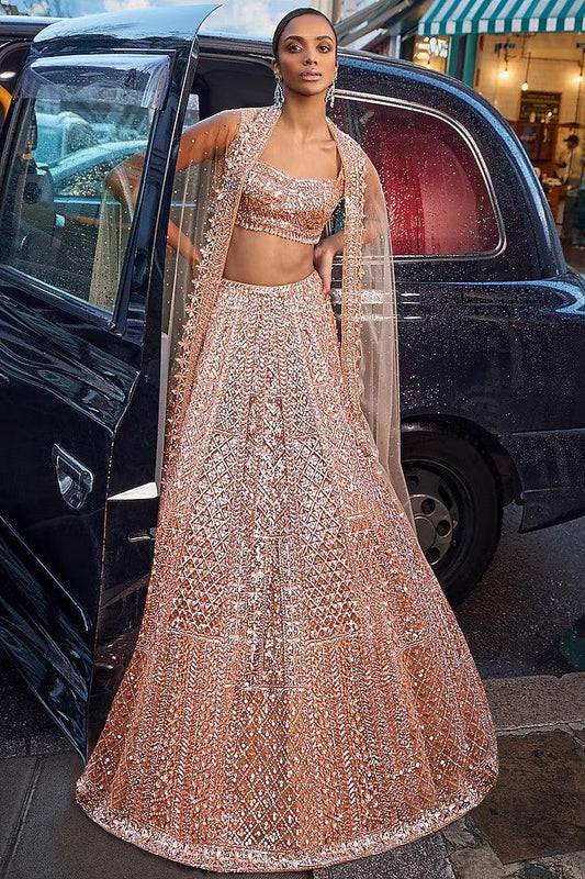 Rent - Peach Net Sequins Embroidered Lehenga Set - Couture Encore