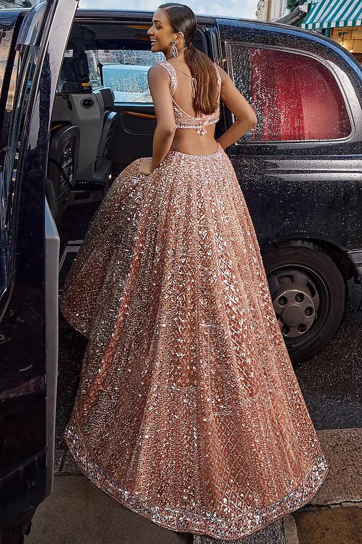 Rent - Peach Net Sequins Embroidered Lehenga Set - Couture Encore