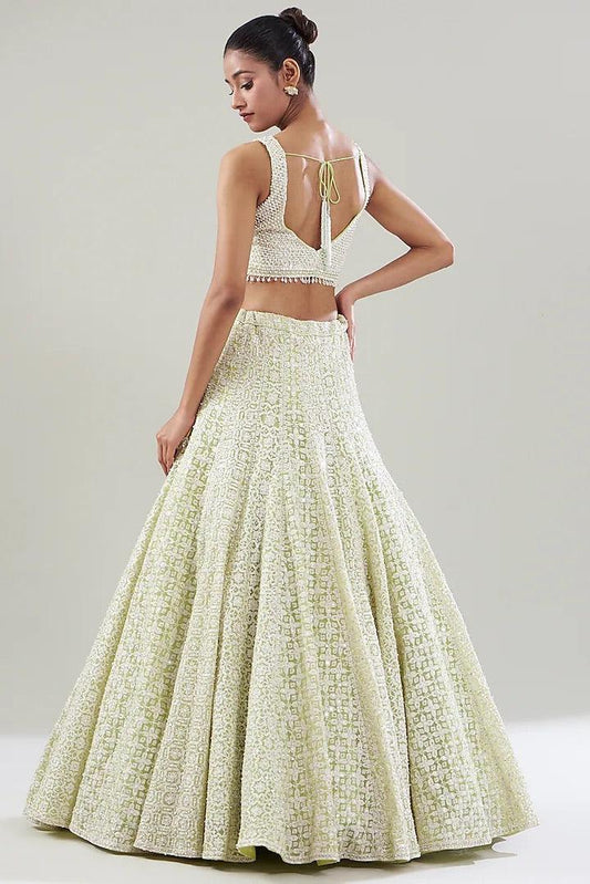 Rent - Lime Net Pearl Embroidered Lehenga set - Couture Encore