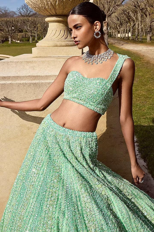 Rent - Sea Green Net Sequins Embroidered Lehenga Set - Couture Encore