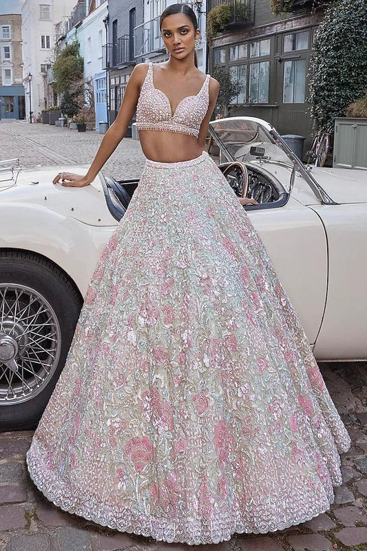 Rent - Sea Green Net Floral Embroidered Lehenga Set - Couture Encore