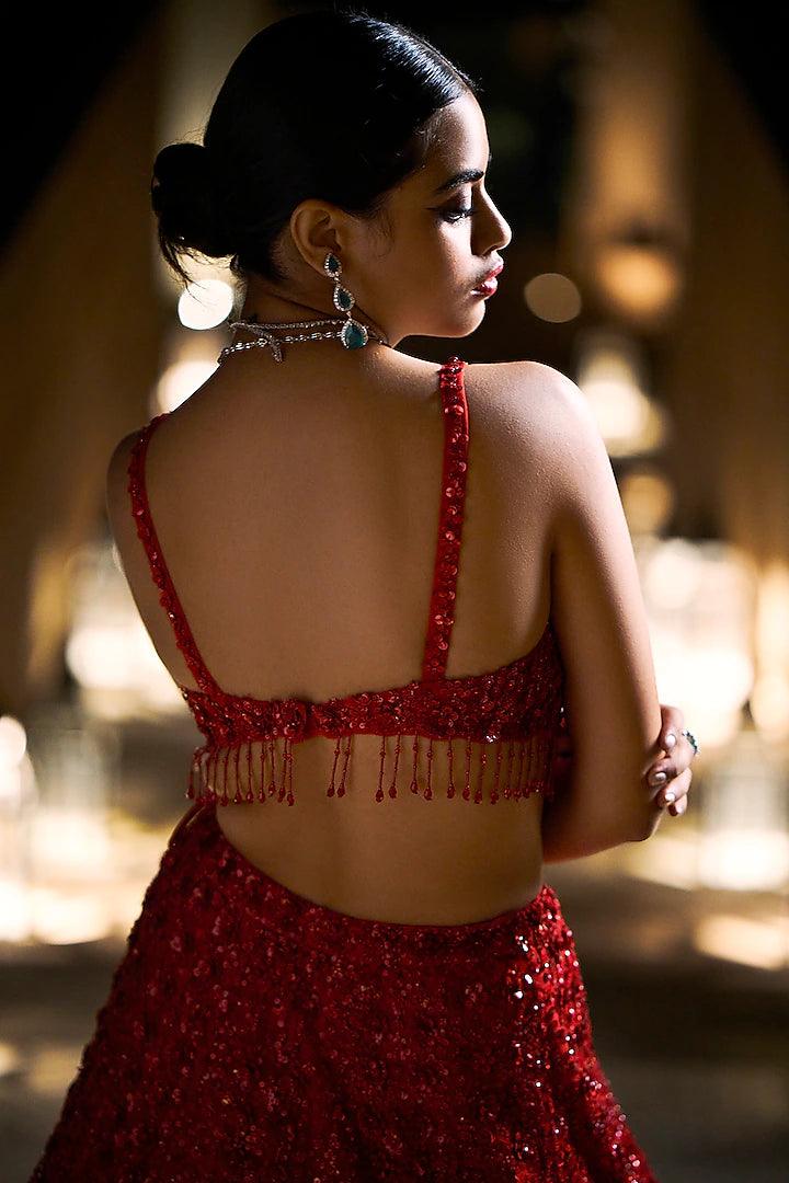 Seema Gujral - Red Embroidered Lehenga Set - Couture Encore