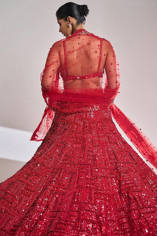 Seema Gujral - Red Floral Embroidered Lehenga Set - Couture Encore