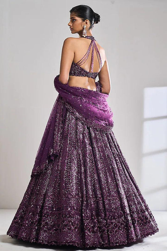 Seema Gujral - Burgundy Embroidered Lehenga Set - Couture Encore