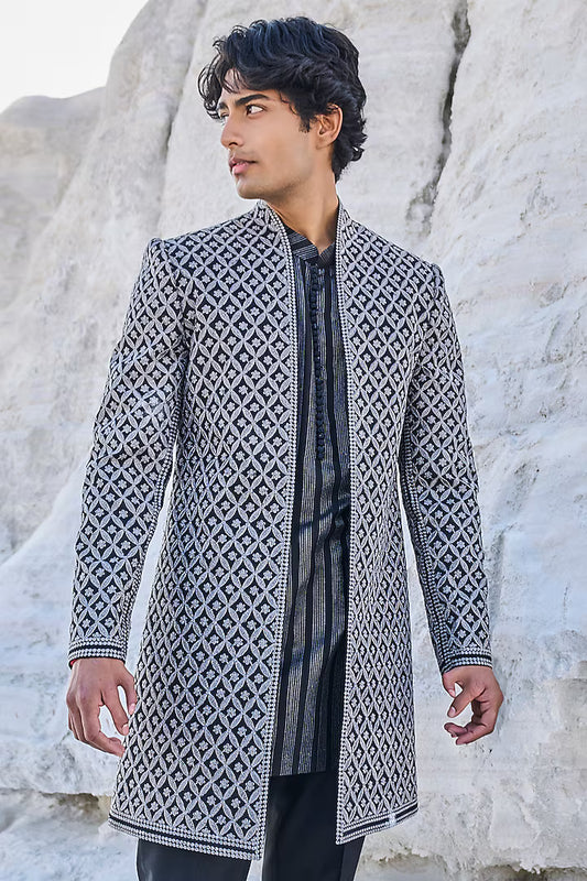 Rent Seema Gujral Black Raw Silk Embroidered Indowestern Set