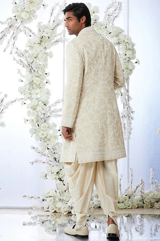 Rent Seema Gujral Men Powder Beige Embroidered Sherwani Set
