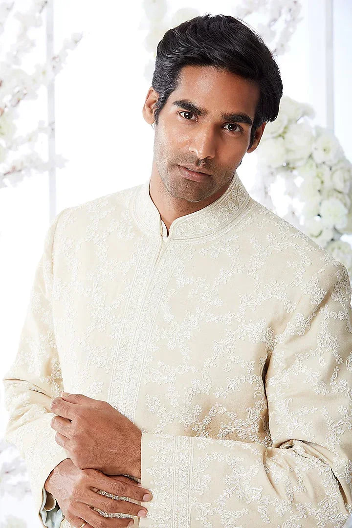 Rent Seema Gujral Men Powder Beige Embroidered Sherwani Set - Influencer