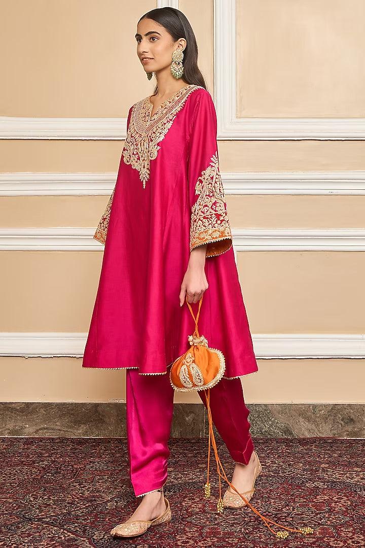 Rent - Hot Pink Silk Chanderi Embroidered Kurta Set - Couture Encore
