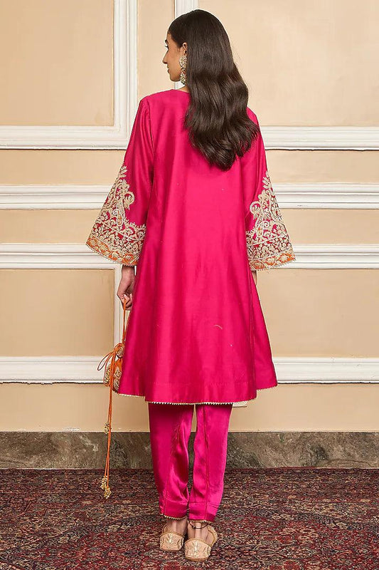 Rent - Hot Pink Silk Chanderi Embroidered Kurta Set - Couture Encore