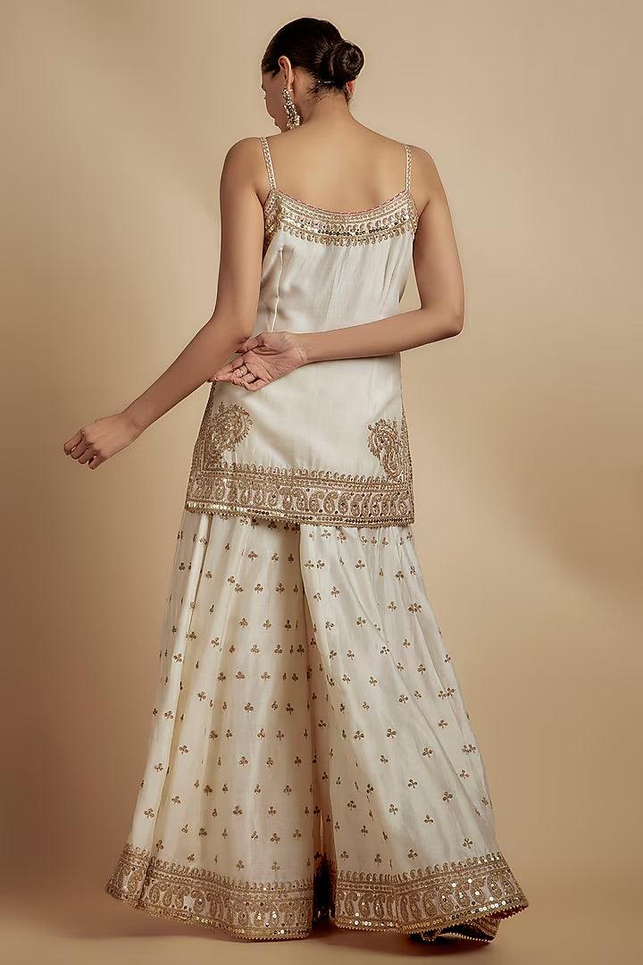Ivory Silk Chanderi Kiran Dori Embroidered Sharara Set - Rent - Couture Encore