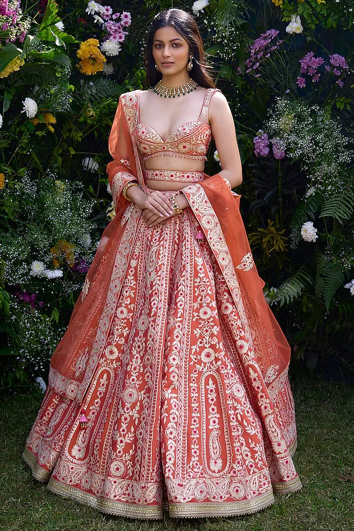 Rent Vermillion Orange Raw Silk Thread Embroidered Lehenga Set