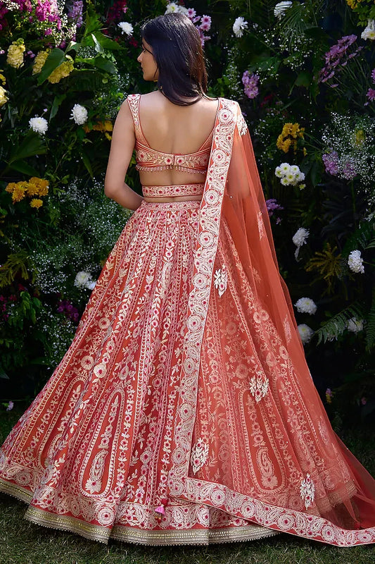 Rent Vermillion Orange Raw Silk Thread Embroidered Lehenga Set